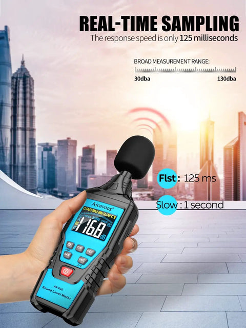 Hand holding Decibel Meter Sound Level Meter For Precise Real Time Noise Readings From 30 dB To 130 dB Fast Response And High Accuracy.
