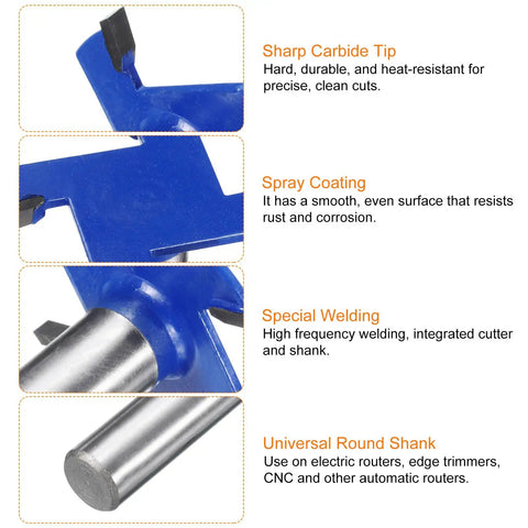 Detail view of High Performance T Slot Cutter Rabbet Router Bit One Half Inch Shank 45mm Cutting Diameter, carbide build.