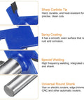 Four Wing Carbide T Slot Cutter Rabbetting Router Bit With Half Inch Shank And Cutting Diameter About One Point Seven Eight Inches showing features like sharp carbide tip, spray coating, and universal shank.