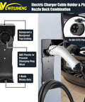 Wall Mount EV Charger Holder With SAE J1772 Nozzle Holster And Cable Organizer Plus Control Box Dock for storing chargers safely.
