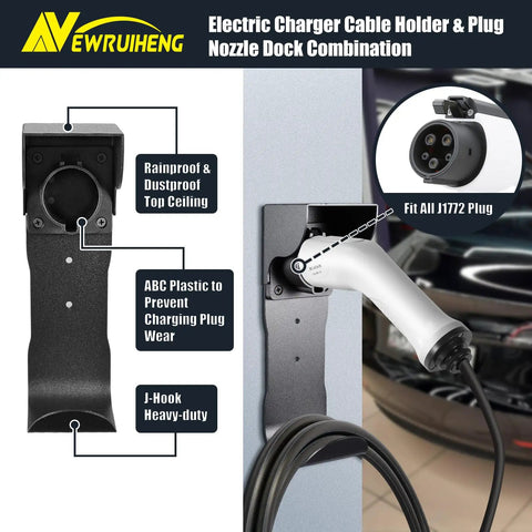 Wall Mount EV Charger Holder With SAE J1772 Nozzle Holster And Cable Organizer Plus Control Box Dock for storing chargers safely.