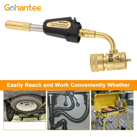 Propane MAPP Gas Turbo Torch With Self Ignition Trigger Adjustable Regulator Detachable Tips Pro Grade And Compatible With MAP Pro CGA600 Cylinders For Welding HVAC Brazing Barbecue Plumbing And More, front view.