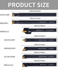 Product size chart of All In One Pro Grade Indexable Lathe Tool Kit 21Pcs Set With 7 Tool Holders And 14 Carbide Inserts, showing dimensions