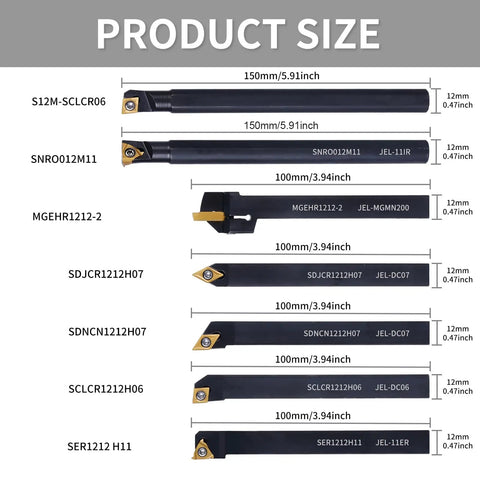 Product size chart of All In One Pro Grade Indexable Lathe Tool Kit 21Pcs Set With 7 Tool Holders And 14 Carbide Inserts, showing dimensions