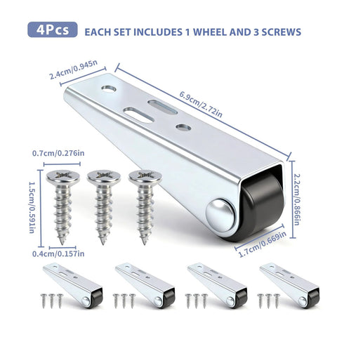 4 Pack Door Droop Support Wheels Set For Sliding Doors Cabinets And Furniture Stability Stainless Steel And Nylon Bottom Track Pulleys with screws