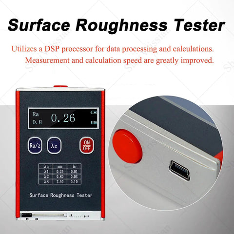 Digital Handheld Roughness Tester Pro Grade With Standard Calibration Block For Industrial Measurement Delivers Crisp Readings On Ra Rq Rz Rt Across Flat Curved And Tapered Surfaces Ideal For Glass Block Inspection, front view with LCD display and USB port