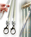 Clear Acrylic Curtain Pull Wand Set, 46 Inch Long, 2 Pack, Strong Half Inch Diameter Curtain Rod Accessory With Lobster Hooks, Nearly 48 Inch Extended, Built to Last, Weatherproof, Easy to Grip attached to curtain rings