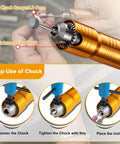 Close-up of Flex Shaft Grinder Rotary Tool Kit 560W with 3 Jaw Chuck, highlighting chuck usage steps, and flex shaft design.