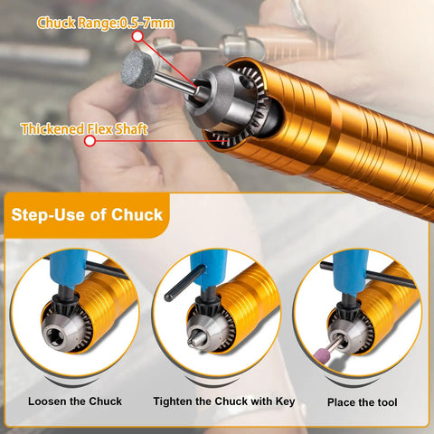 Close-up of Flex Shaft Grinder Rotary Tool Kit 560W with 3 Jaw Chuck, highlighting chuck usage steps, and flex shaft design.