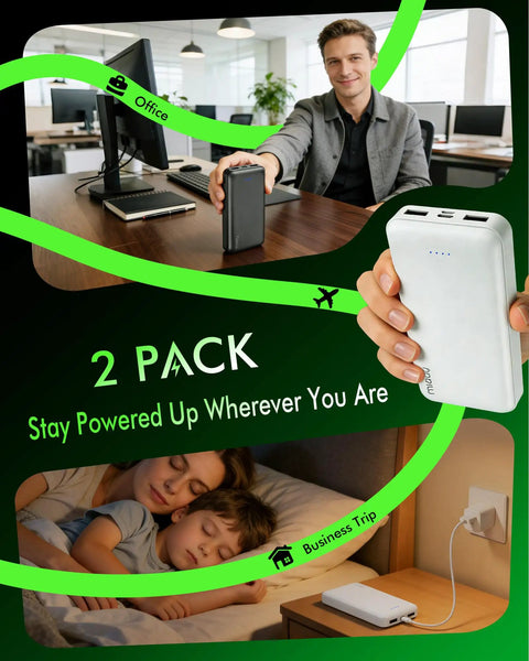 Two Pack Portable Charger PD 22.5W Power Bank 20000mAh used in office, travel, and home settings