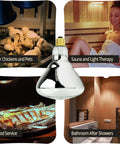 250 Watt R40 Red Infrared Heat Lamp Bulb For Bathroom And Shower Use E26 Base displayed with usage scenarios including sauna and pets