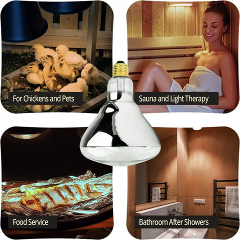 250 Watt R40 Red Infrared Heat Lamp Bulb For Bathroom And Shower Use E26 Base displayed with usage scenarios including sauna and pets