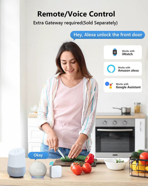Woman using voice control with smart devices for Keyless Entry Smart Lock With App Control And Touchscreen Keypad, 5 In 1 Access Including App, Fob, Password, Key, And Thumb Turn, No Key Hassle, Auto Lock, Easy Install, Digital Electronic Door Lock For Front Door And Home Security