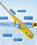 Yellow 4 Pack Refillable Long Stem Lighter with Visible Fuel Window and adjustable flame, highlighted features, 10.55-inch wand