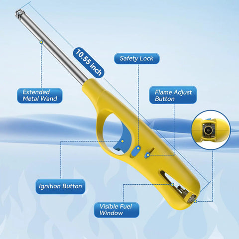 Yellow 4 Pack Refillable Long Stem Lighter with Visible Fuel Window and adjustable flame, highlighted features, 10.55-inch wand