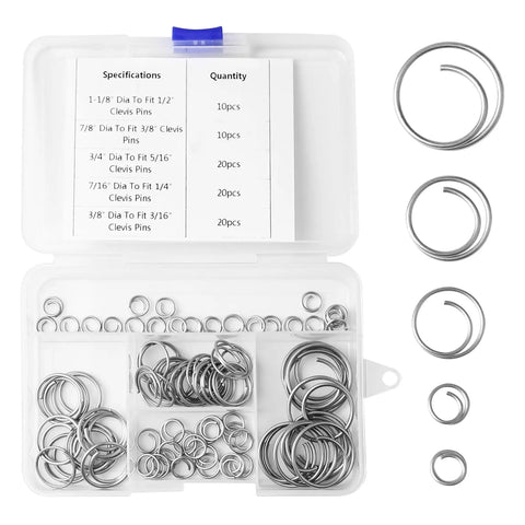 80 Piece Stainless Steel Cotter Ring Kit With Five Sizes, 316 Grade Marine Hardware set in an open plastic case with rings visible