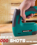 Cordless 2 In 1 Brad Nailer And Stapler Kit With USB Charger Cable in hand, showing use for carpentry on wood surface.