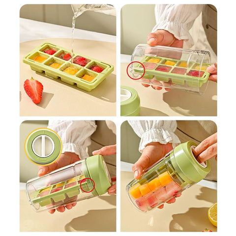 No Sweat Deep Chamber Ice Molds With Spin Top Silicone Lid crafting whiskey cubes; green mold, silicone lid, and fresh fruit.