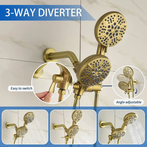 Brushed Gold All-In-One Dual Shower Faucet Set With Tub Spout And Trim Kit, showing 3-way diverter and handheld shower head