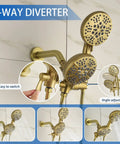 Brushed Gold All In One Dual Shower System With Tub Spout And Trim Kit, Handheld And Overhead Shower Heads, 3 Way Diverter shown