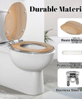 Elongated Resin Toilet Seat for Bathroom in wooden design, showcasing durable resin and stainless steel hinges.