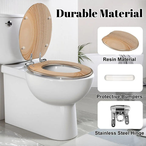 Elongated Resin Toilet Seat for Bathroom in wooden design, showcasing durable resin and stainless steel hinges.