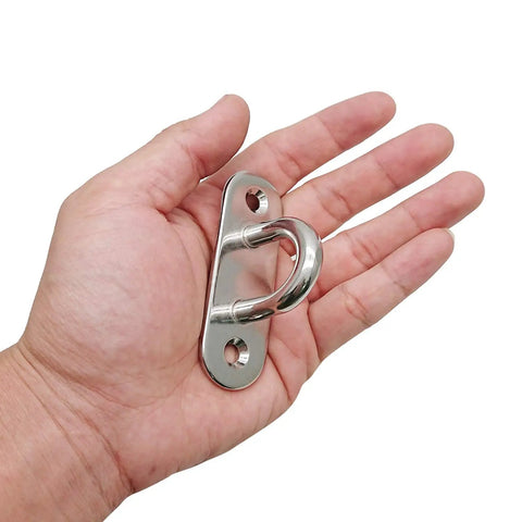 Hand holding 4 Pack 3.1 Inch 304 Stainless Steel Ceiling Hooks Pad Eyes Plate Rustproof Marine Hardware for secure ceiling mounts