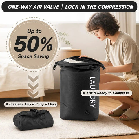 Compression Travel Laundry Bag For Dirty Clothes That Packs Down Over Fifty Percent On The Go Pump Free Wet Dry Organizer