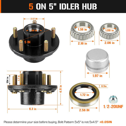 Trailer hub idler kit, 5-on-4.5-inch bolt pattern; hub with studs, includes bearings, seal, cap, and nut