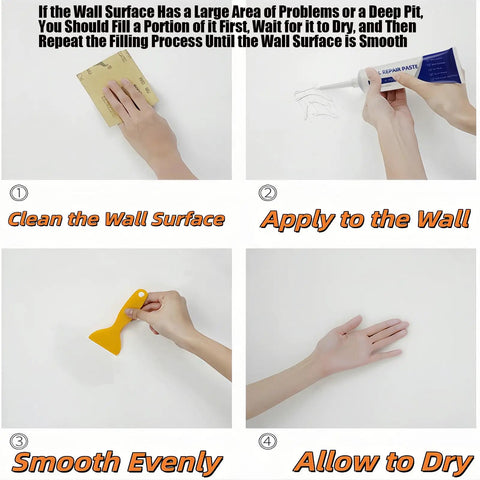 Instructions for using Fast Dry Wall Repair Paste Kit With Scraper For Quick Hole And Crack Patches, showing cleaning, applying, smoothing, and drying.