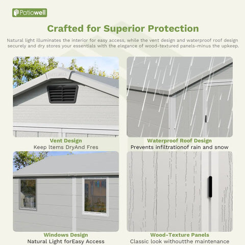Resin Outdoor Storage Shed With Floor, Lockable Door And Window, Weather-Resistant 6X8 Ft Garden Shed showcasing vent, roof, window features