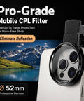 52mm Clip On CPL Phone Camera Lens Filter Kit For iPhone Models 11 Through 17 Circular Polarizer Filter Pro Level Beast Mode Mobile Photography Reduces Reflections Boosts Colors Great For Travel Landscapes Street Photos And Social Media, attached to a phone with a scenic mountain and lake background.
