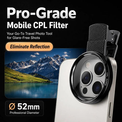 52mm Clip On CPL Phone Camera Lens Filter Kit For iPhone Models 11 Through 17 Circular Polarizer Filter Pro Level Beast Mode Mobile Photography Reduces Reflections Boosts Colors Great For Travel Landscapes Street Photos And Social Media, attached to a phone with a scenic mountain and lake background.