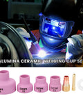 Welder using Glass Welding Cup Set With Gas Lenses For Ceramic And Alumina Welding, pro grade cups, and torch accessories