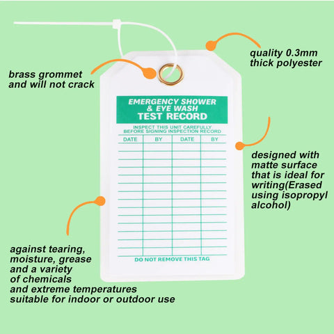 Heavy Duty Emergency Shower And Eye Wash Test Record Tags, Tough As Nails Double Sided Safety Compliance Holders With Solid Brass Grommets, Pack Of Twenty Five, showing durable polyester and brass grommet.