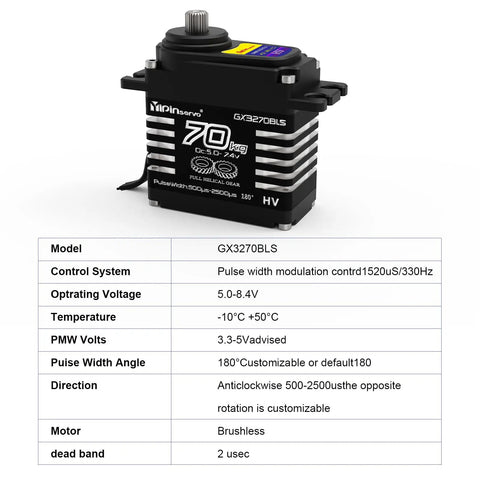 Beefy 70Kg Brushless RC Servo With All Steel Helical Gears showing model GX3270BLS and specifications table