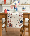 Old Style Stars American Flag Table Runner 13x72 Inch For Fourth Of July Memorial Day Kitchen Dining Decor on wooden table