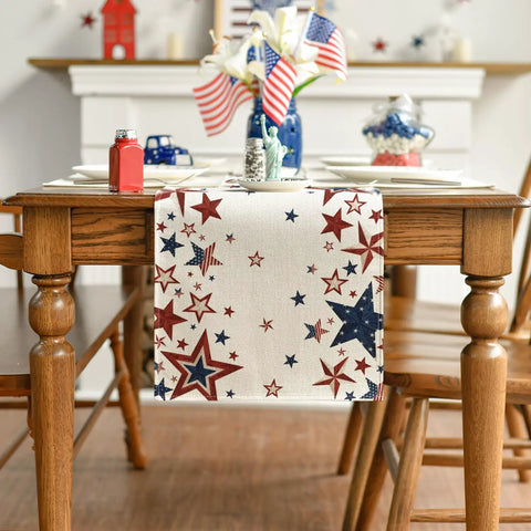 Old Style Stars American Flag Table Runner 13x72 Inch For Fourth Of July Memorial Day Kitchen Dining Decor on wooden table