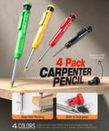 Four Pack Carpenter Pencils With Sharpener And 52 Refills, heavy duty set in red, black, yellow, and blue for woodworking.