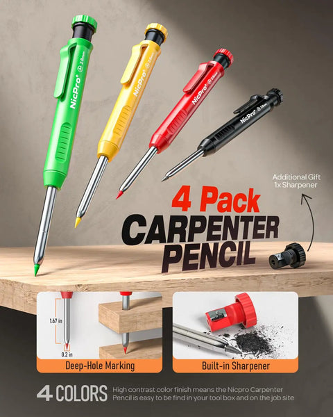 Four Pack Carpenter Pencils With Sharpener And 52 Refills, heavy duty set in red, black, yellow, and blue for woodworking.