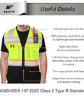 Heavy Duty Ansi Class Two High Visibility Safety Vest With Nine Pockets And Reinforced 360 Degree Reflective Strips Built Like A Tank For Construction Crews Who Need To Shine Bright And Crush It On The Daily Without Any Sweat, front view showing pockets and mic tabs.