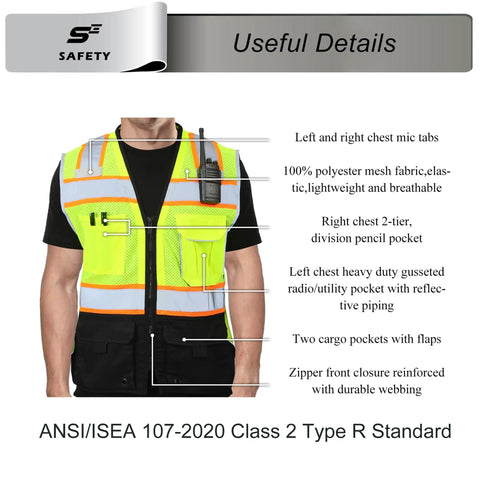 Heavy Duty Ansi Class Two High Visibility Safety Vest With Nine Pockets And Reinforced 360 Degree Reflective Strips Built Like A Tank For Construction Crews Who Need To Shine Bright And Crush It On The Daily Without Any Sweat, front view showing pockets and mic tabs.