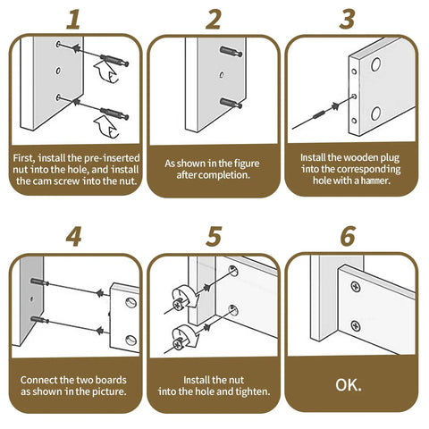 Top Shelf Three In One Cam Lock Fittings Set installation instructions for cabinet assembly, featuring cam screws and wooden plugs.