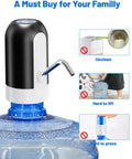 Portable USB Powered Water Pump for 3 to 5 Gallon Jugs, Electric Drinking Water Dispenser, Black, installed on blue water jug.