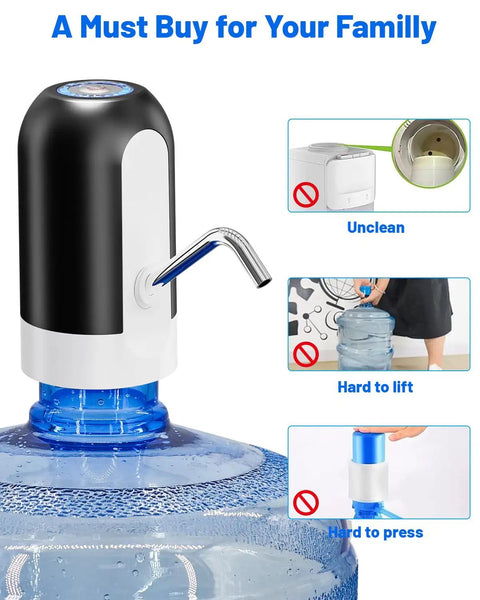 Portable USB Powered Water Pump for 3 to 5 Gallon Jugs, Electric Drinking Water Dispenser, Black, installed on blue water jug.