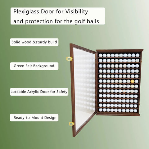 Roomy 120 Ball Golf Ball Display Case With UV Protection And Lockable Beech Wood Cabinet In Walnut Finish open with golf balls