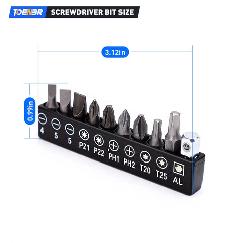 105 Degree Right Angle Drill Attachment Set With Long And Short Reach Adapters For Tight Spaces And Hard To Reach Corners Magnetic One Quarter Inch Hex Bit Holder And Ten Screwdriver Bits showing measurement dimensions