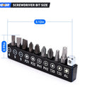 105 Degree Short Right Angle Drill Adapter With 1/4 Inch Hex Magnetic Bit Holder And S2 Steel Driver Bits showing various screwdriver bit sizes.