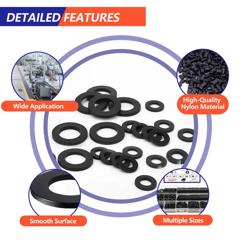 All In One Nylon Flat Washer Set With 1350 Pieces In Nine Sizes M2.5 Through M12 Black Nylon Washers For Screws And Bolts