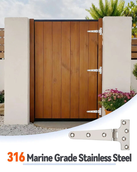 Heavy Duty 316 Marine Grade Stainless Steel T Hinges 8 By 4 Inches on a wooden gate with plants.